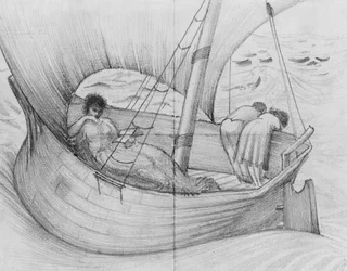 Mama, Gertie e Georgie viajando em um barco para a França, do álbum &39;Letters to Katie&39;, 1883-89 (grafite sobre papel)